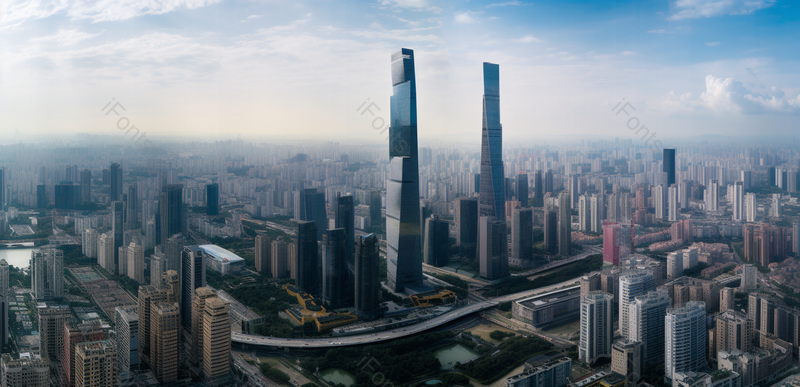 航拍清晨城市沿海中心的高楼大厦和商务楼,高清,摄影图,摄影图片,图片大全,摄影图免费下载